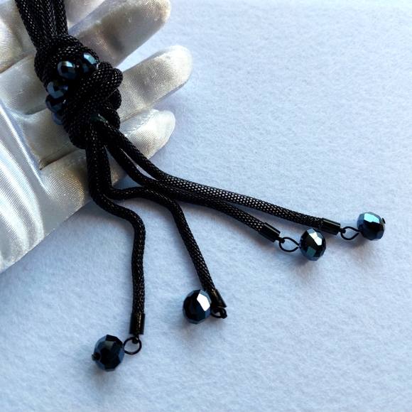 Long Necklace Thick Chain Linked Multi-Tone Black Dangle Crystal Strands - Picture 6 of 10